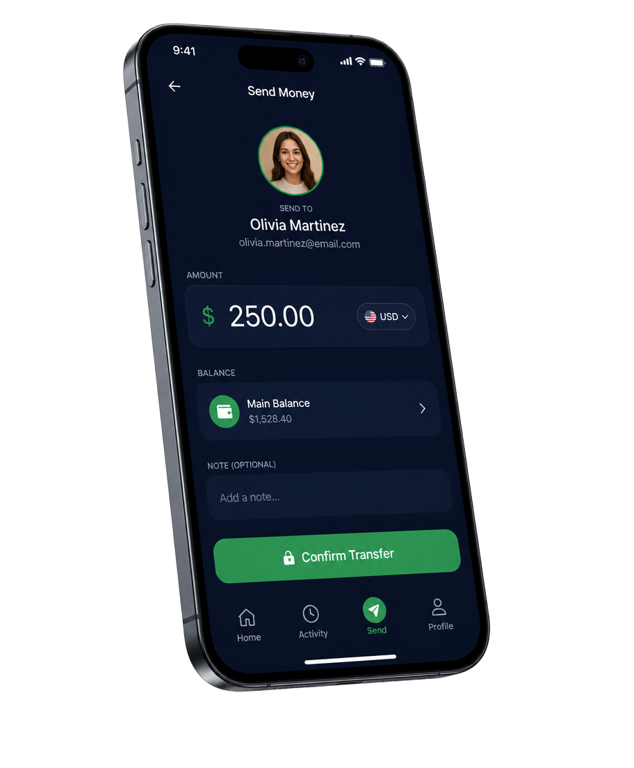 QuickyPay mobile app showing a money transfer to a recipient in Venezuela